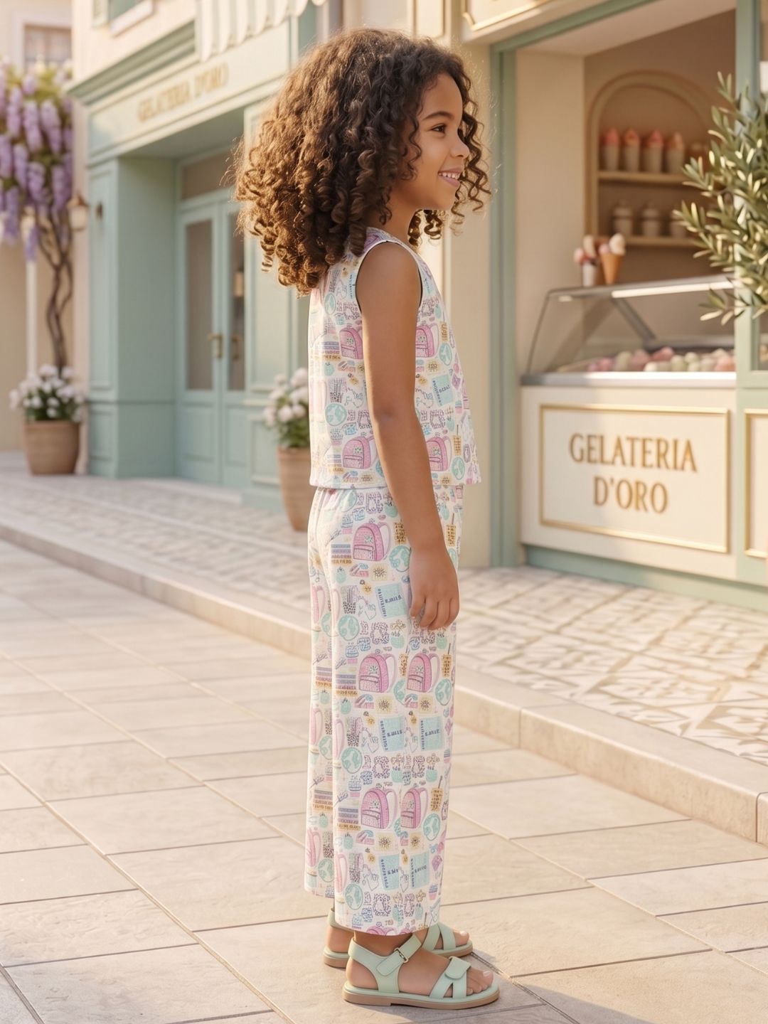 Multi Color Cute Print Cotton Co-Ords For Girls