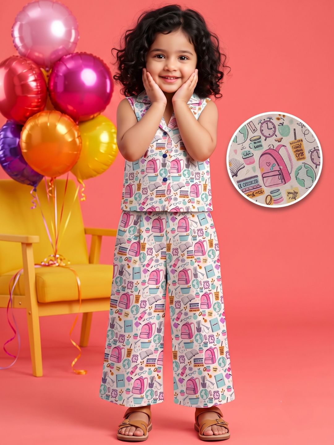 Multi Color Cute Print Cotton Co-Ords For Girls
