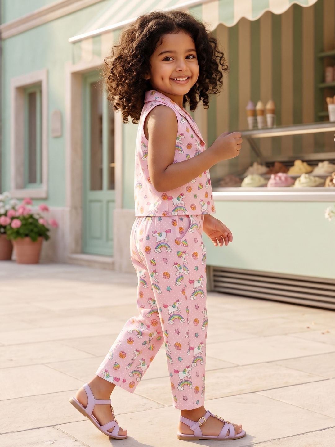 Pink Unicorn Print Cotton Co-Ords For Girls