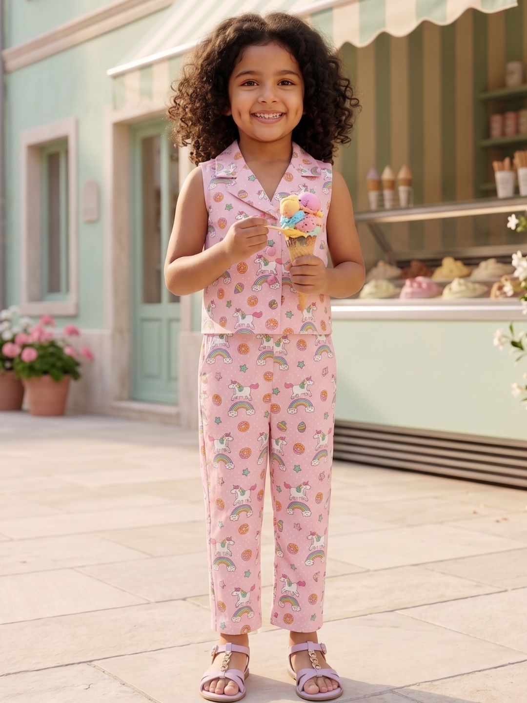 Pink Unicorn Print Cotton Co-Ords For Girls