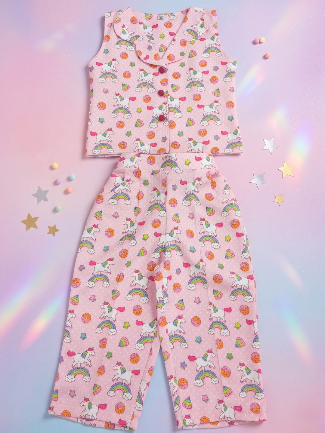 Pink Unicorn Print Cotton Co-Ords For Girls