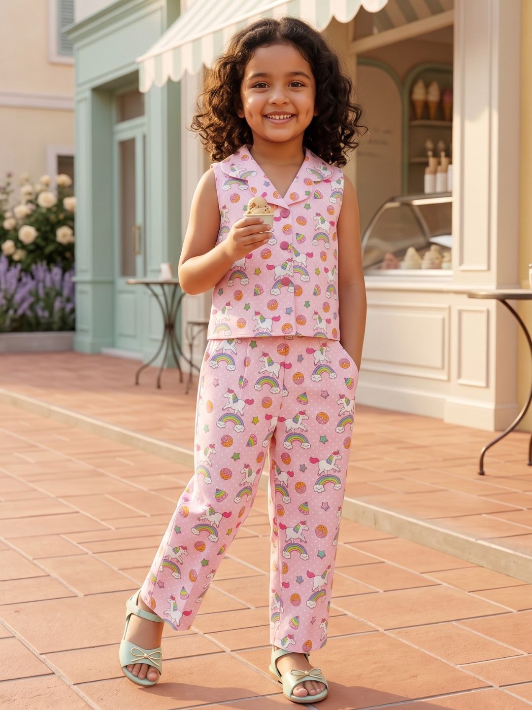 Pink Unicorn Print Cotton Co-Ords For Girls