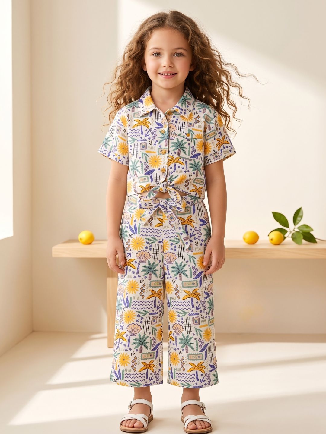White Tropical Print Cotton Co-Ords For Girls