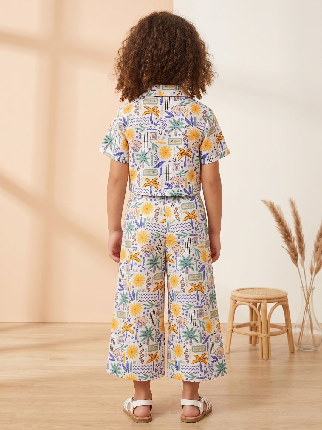 White Tropical Print Cotton Co-Ords For Girls