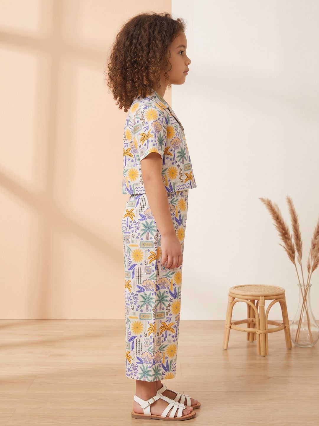 White Tropical Print Cotton Co-Ords For Girls