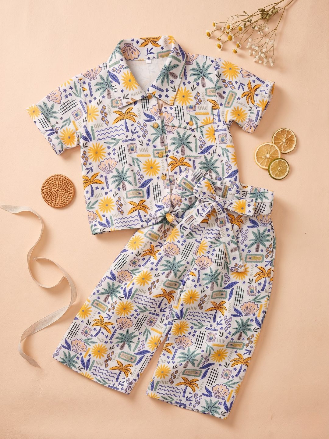 White Tropical Print Cotton Co-Ords For Girls