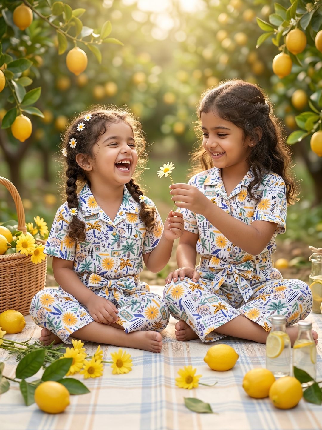 White Tropical Print Cotton Co-Ords For Girls