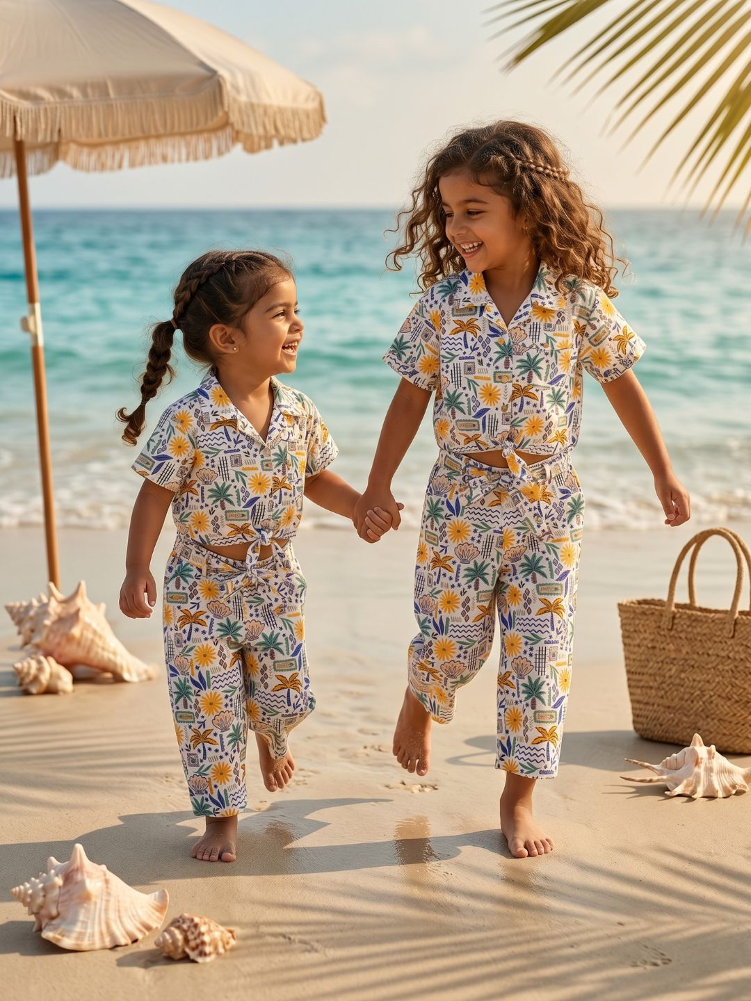 White Tropical Print Cotton Co-Ords For Girls