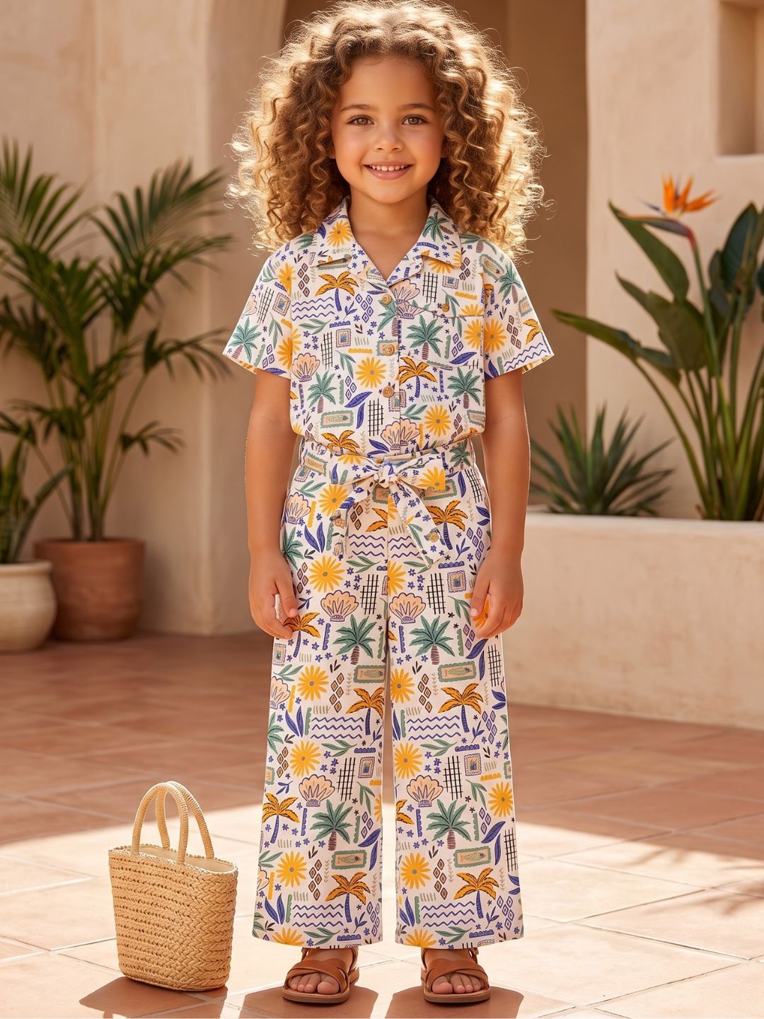 White Tropical Print Cotton Co-Ords For Girls
