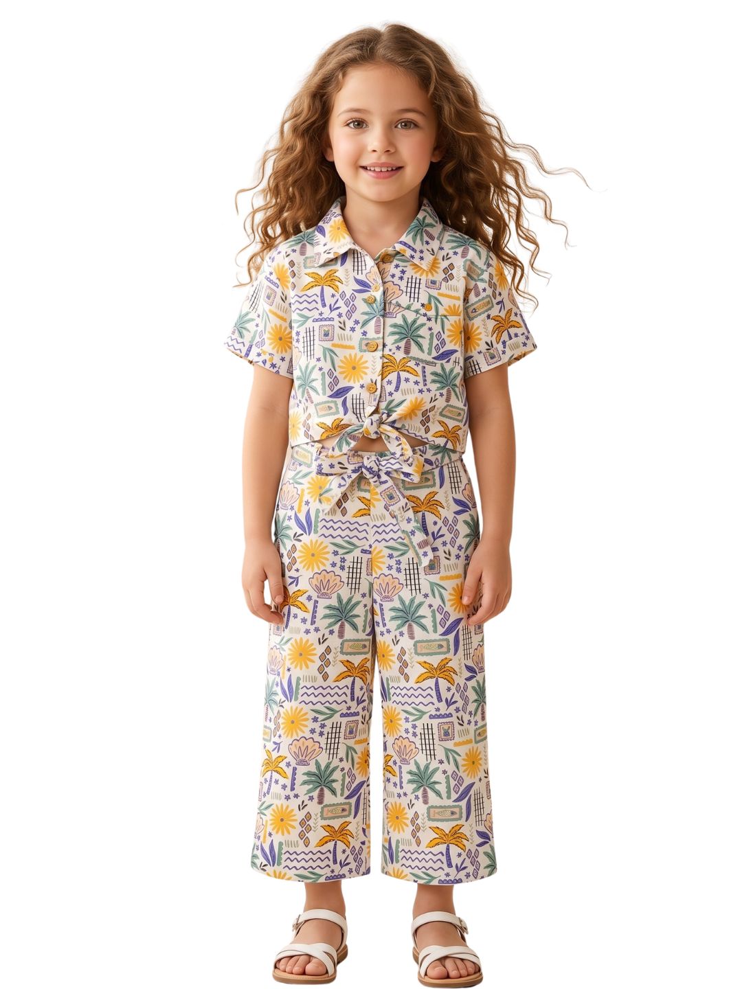 White Tropical Print Cotton Co-Ords For Girls