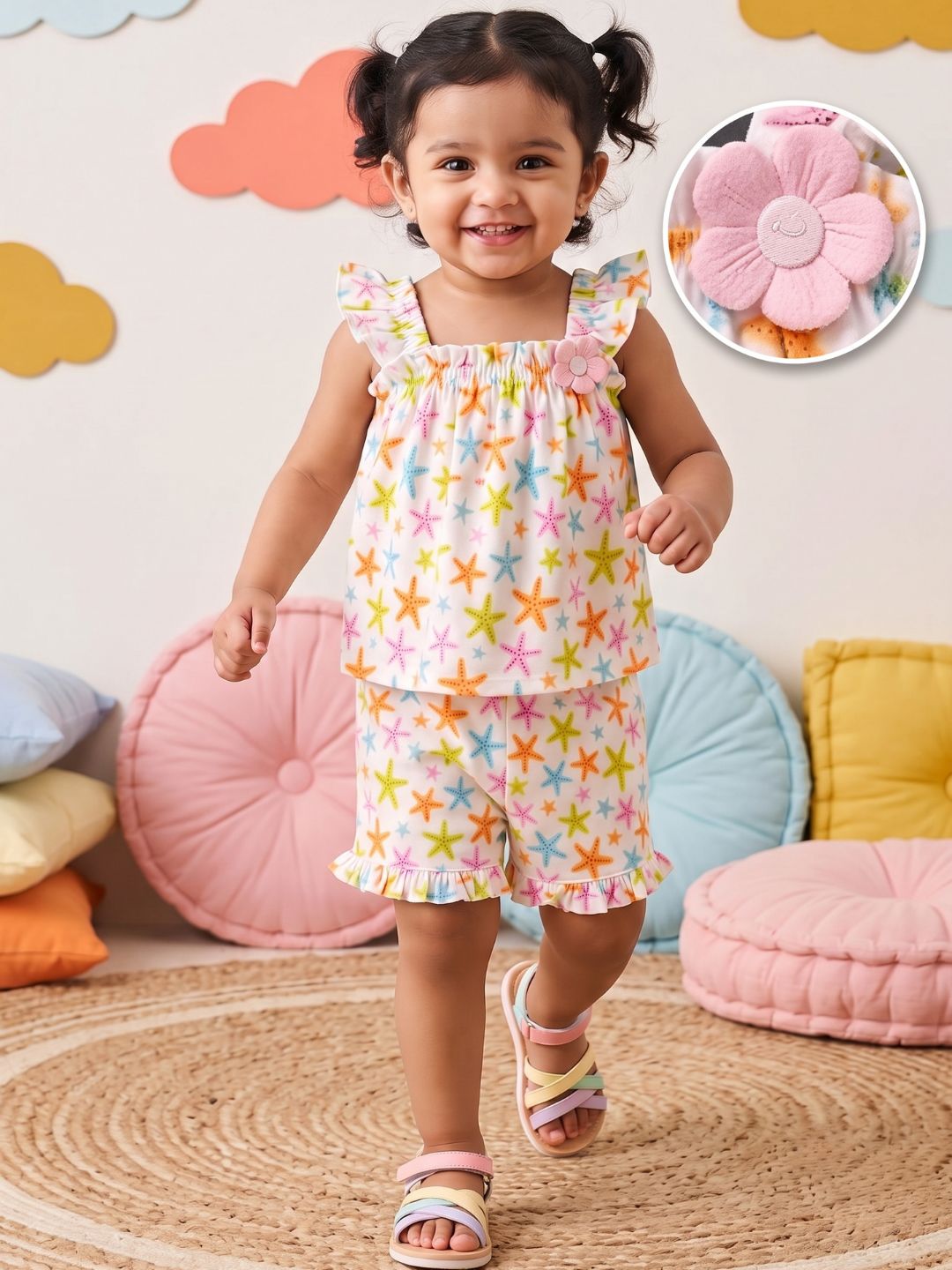 Multi Color Star Fish Print Cotton Dobby Co-Ords For Girls