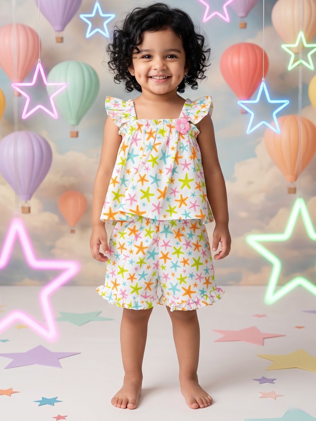 Multi Color Star Fish Print Cotton Dobby Co-Ords For Girls