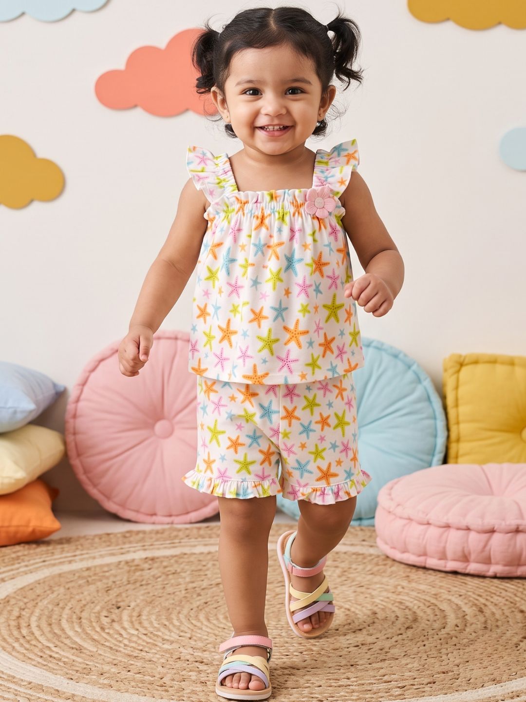 Multi Color Star Fish Print Cotton Dobby Co-Ords For Girls