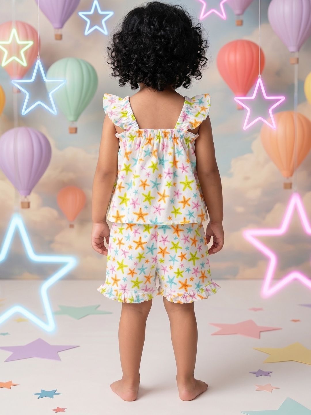 Multi Color Star Fish Print Cotton Dobby Co-Ords For Girls