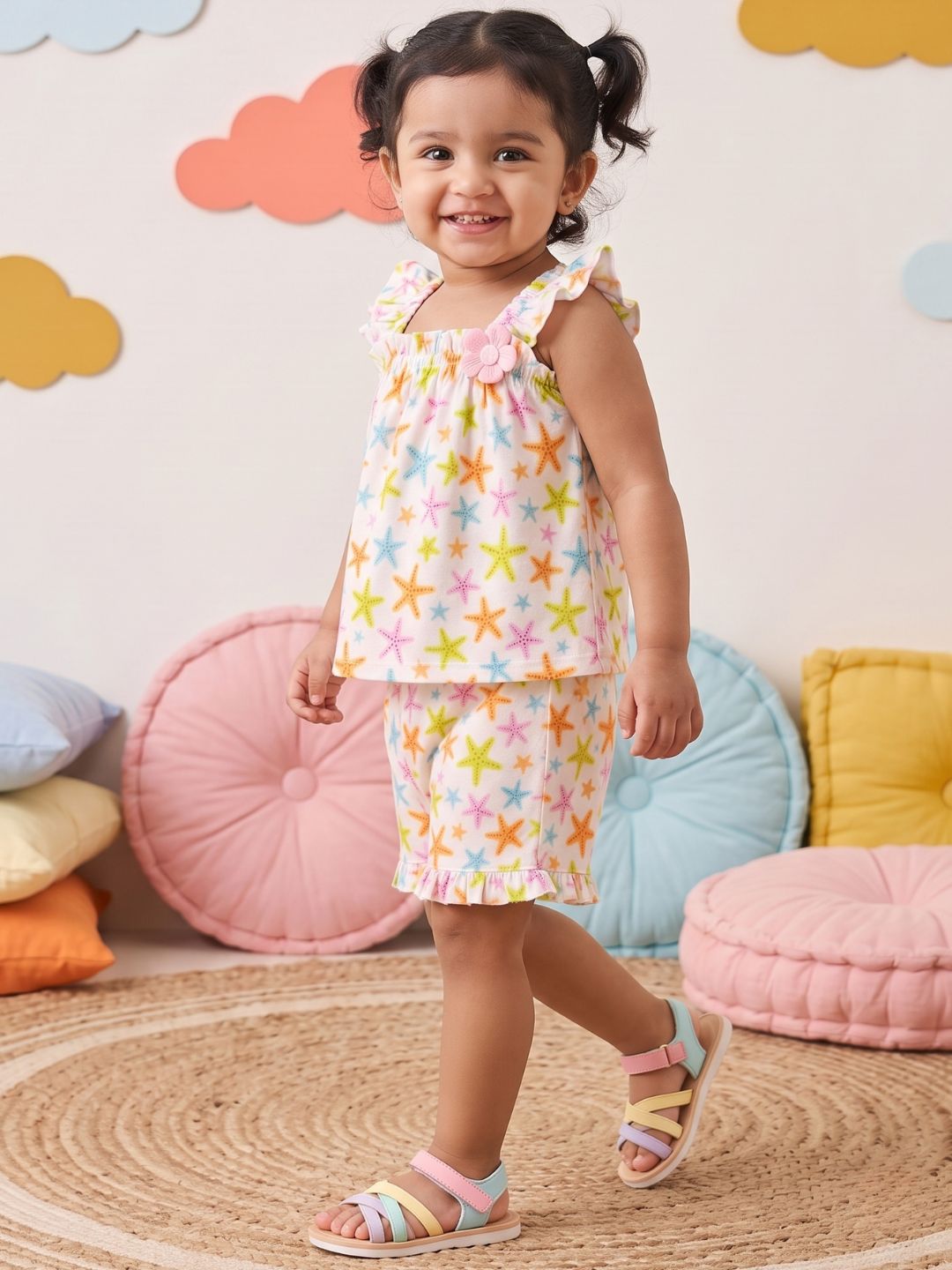 Multi Color Star Fish Print Cotton Dobby Co-Ords For Girls
