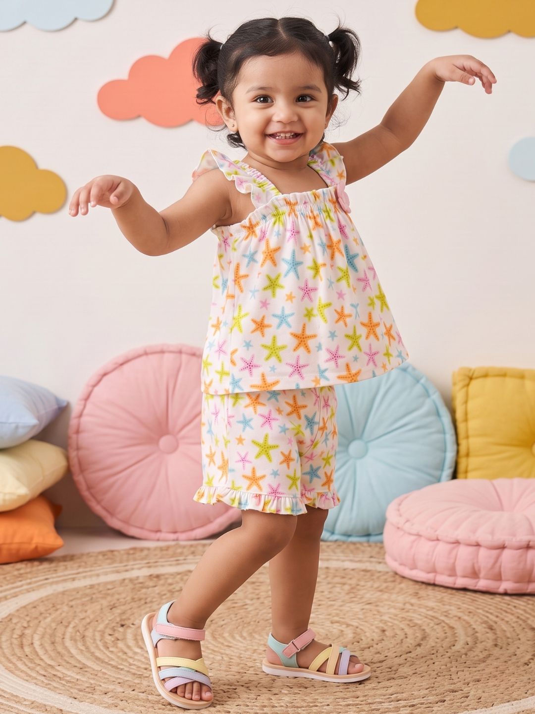 Multi Color Star Fish Print Cotton Dobby Co-Ords For Girls