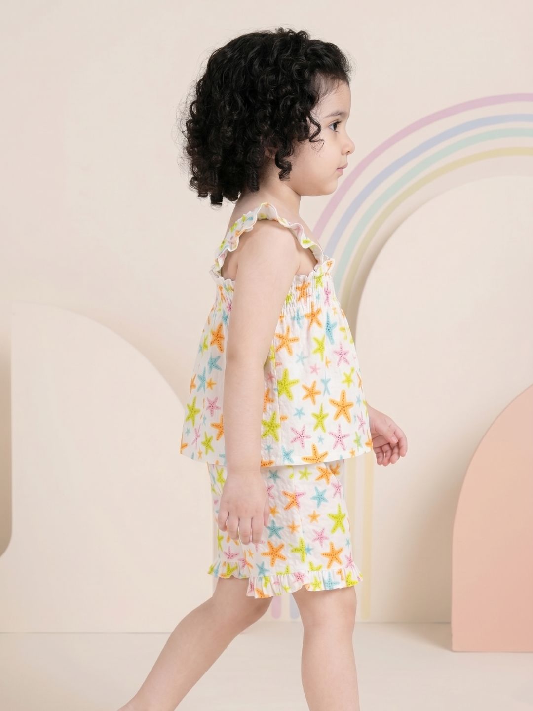 Multi Color Star Fish Print Cotton Dobby Co-Ords For Girls