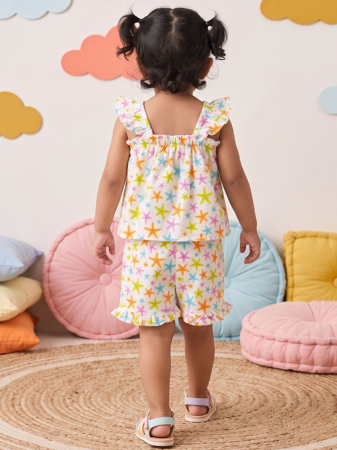 Multi Color Star Fish Print Cotton Dobby Co-Ords For Girls