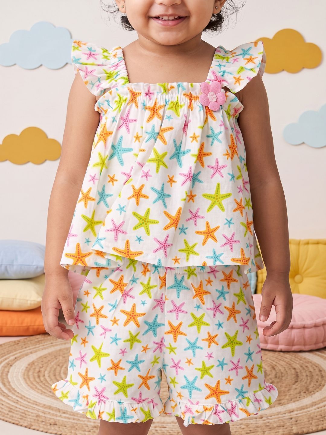 Multi Color Star Fish Print Cotton Dobby Co-Ords For Girls