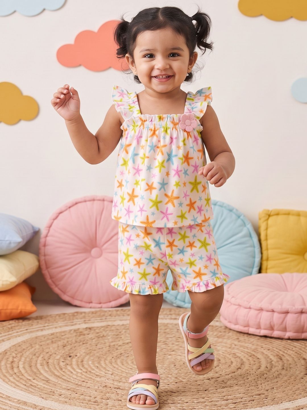 Multi Color Star Fish Print Cotton Dobby Co-Ords For Girls