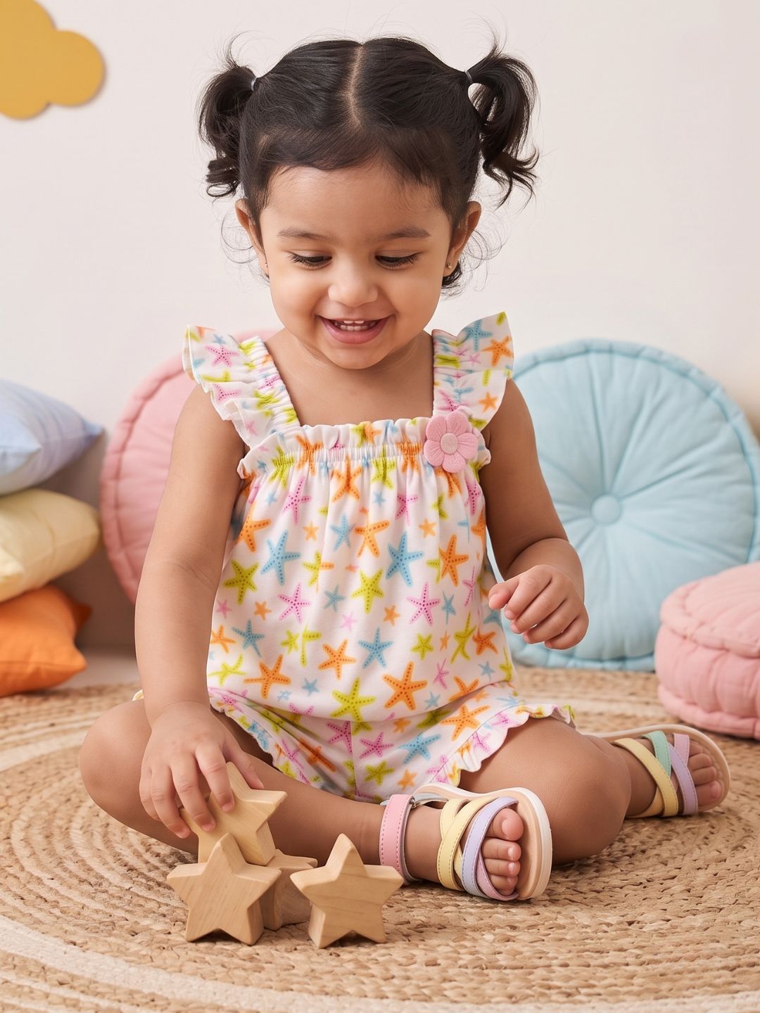 Multi Color Star Fish Print Cotton Dobby Co-Ords For Girls