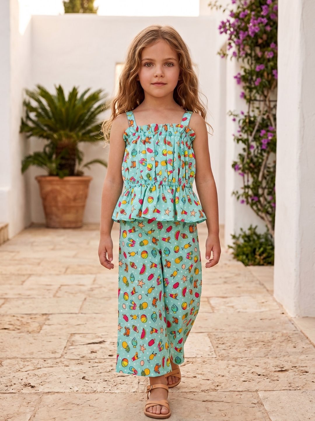 Sea Green Summer Print Cotton Dobby Co-Ords For Girls