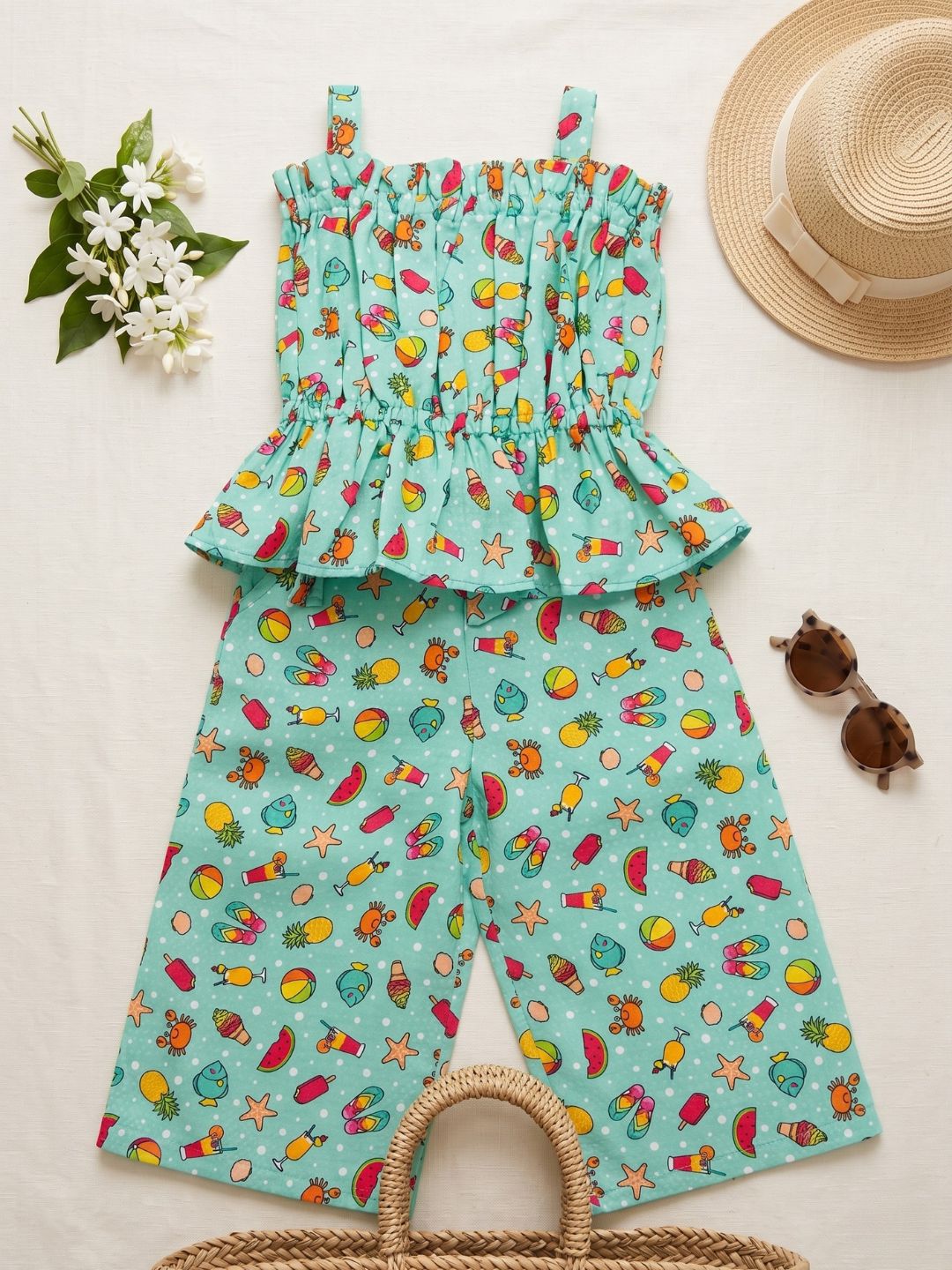 Sea Green Summer Print Cotton Dobby Co-Ords For Girls