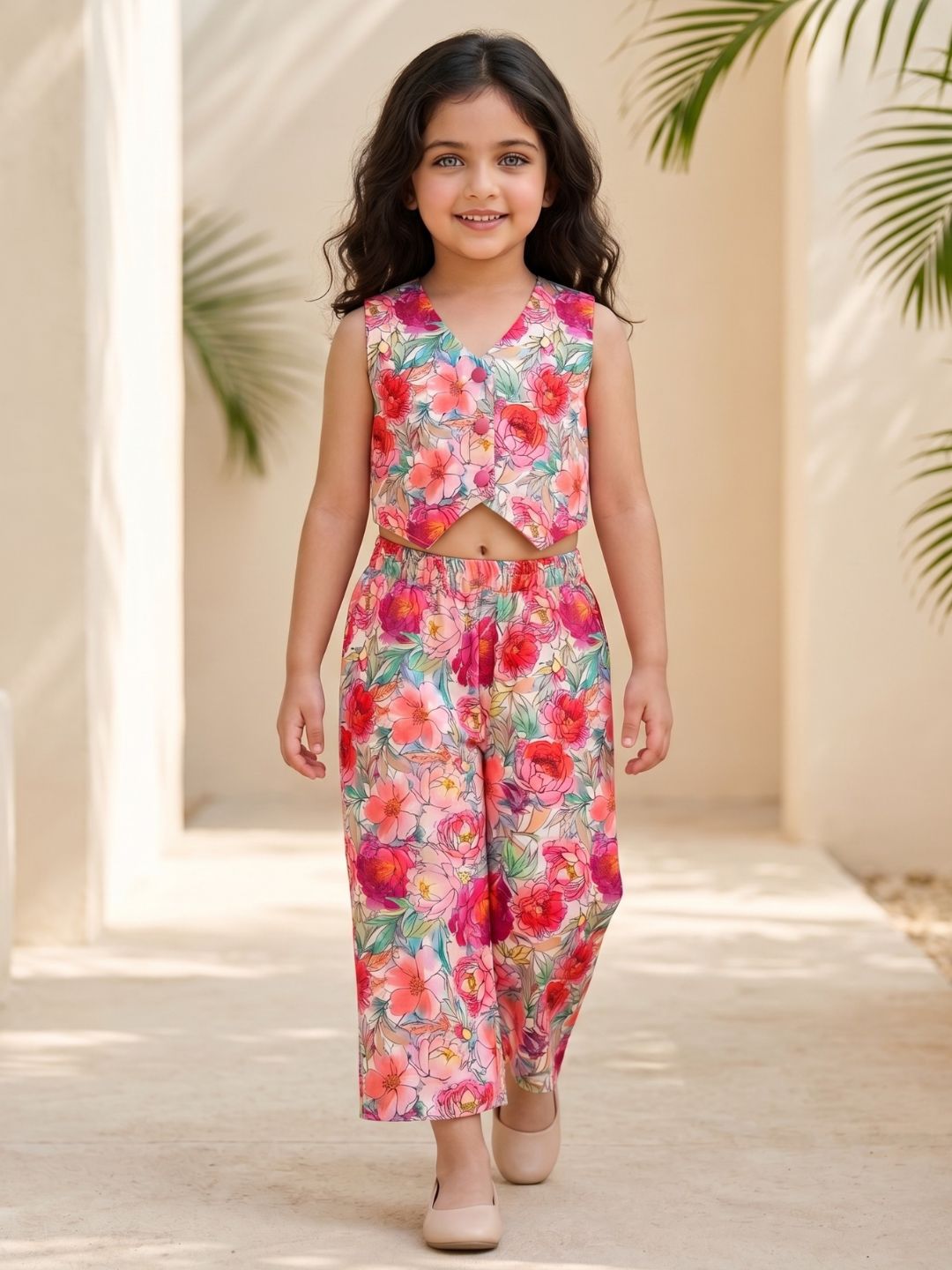 AJ Dezines Pink Floral Print Cotton Co-Ords For Girls