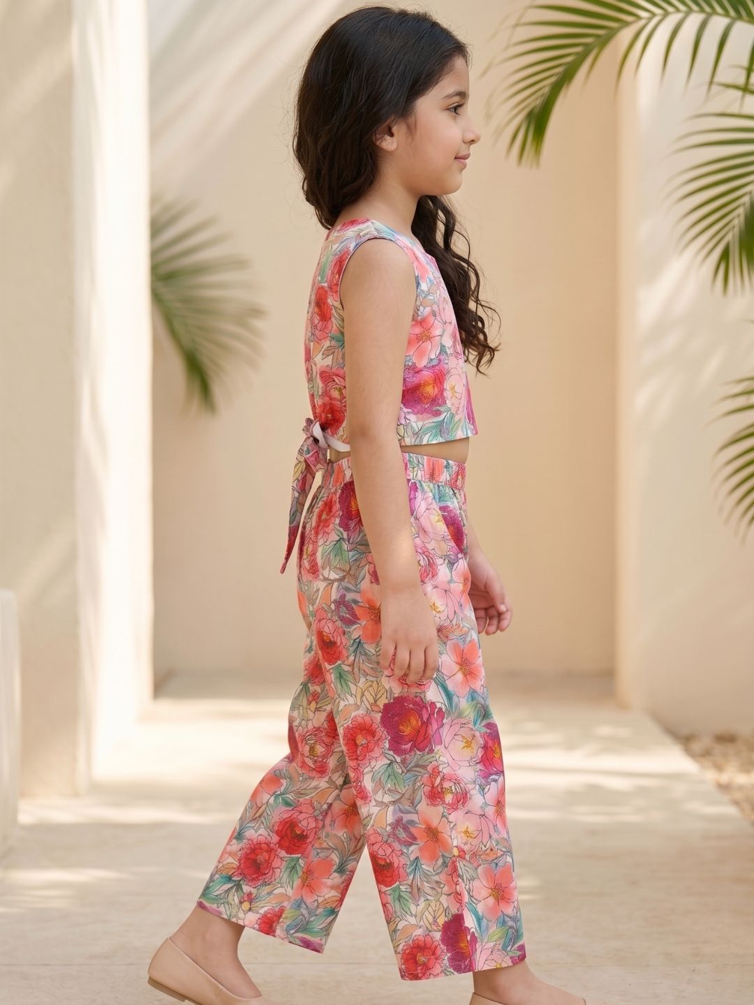 AJ Dezines Pink Floral Print Cotton Co-Ords For Girls