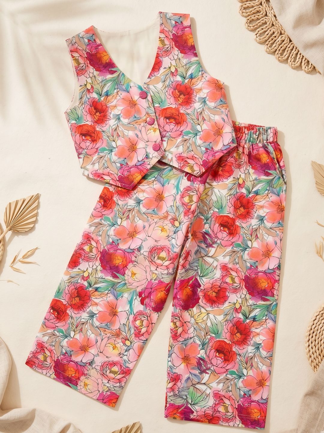 AJ Dezines Pink Floral Print Cotton Co-Ords For Girls