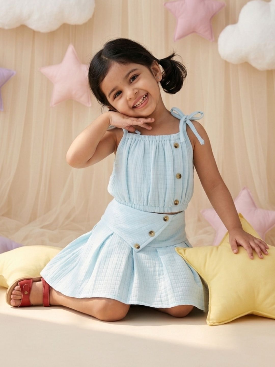 Light Blue Textured Cotton Co-Ords For Girls