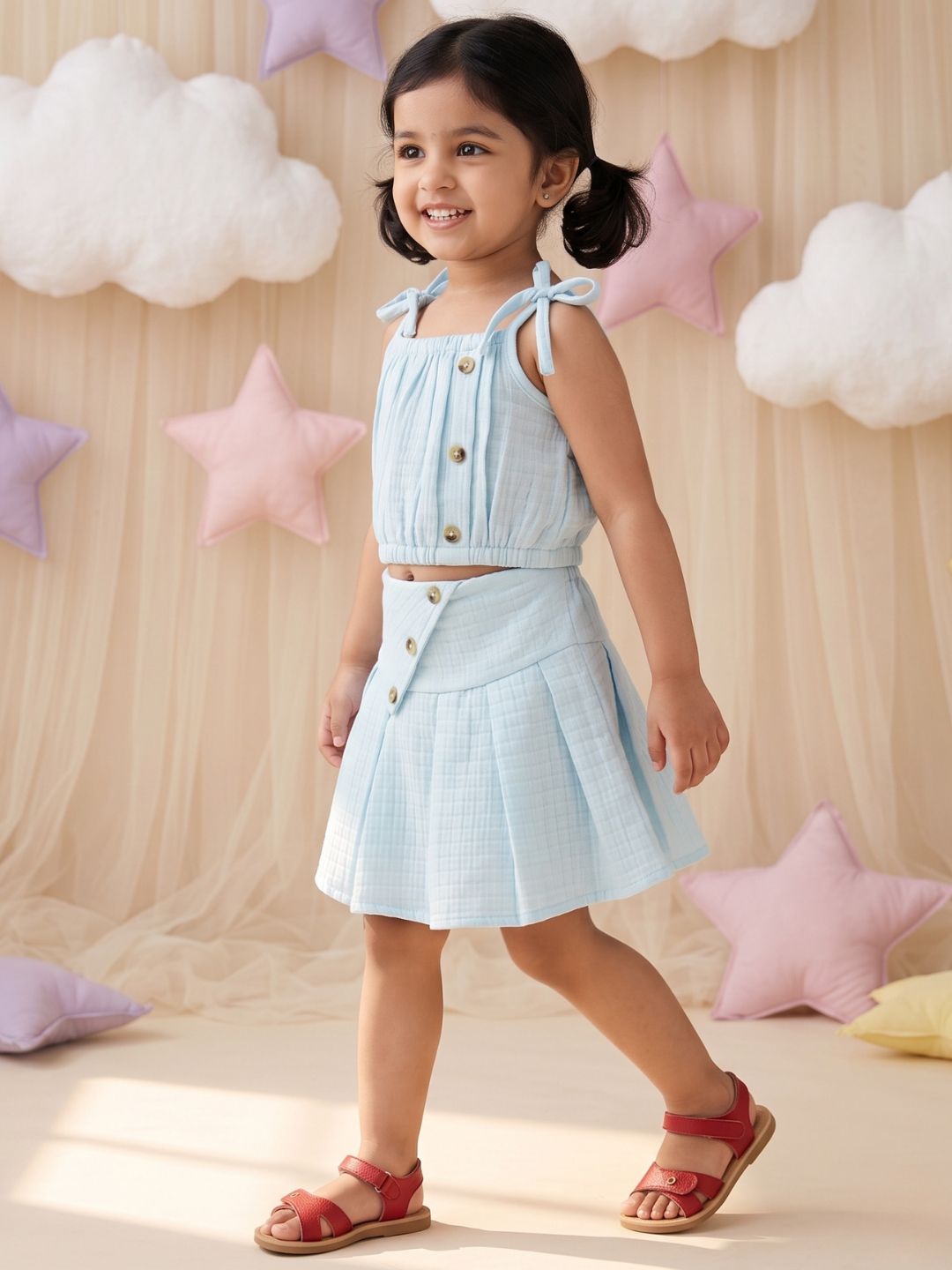 Light Blue Textured Cotton Co-Ords For Girls