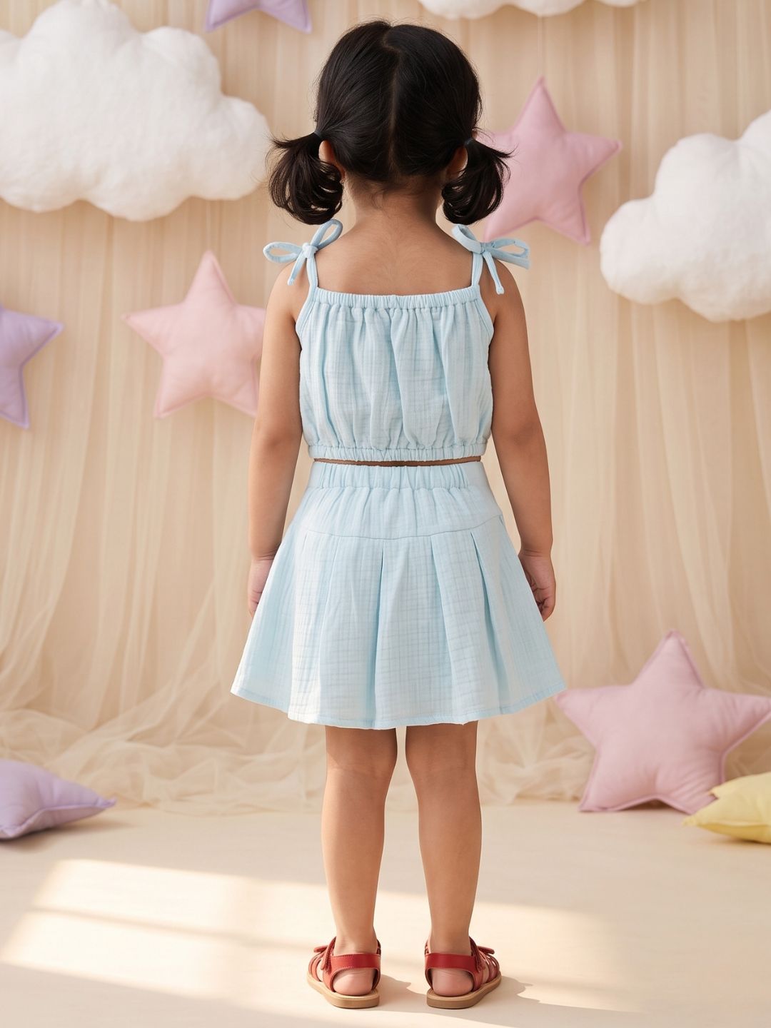 Light Blue Textured Cotton Co-Ords For Girls