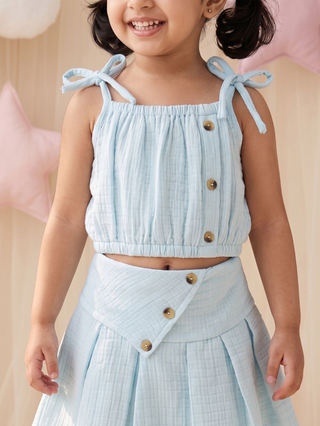 Light Blue Textured Cotton Co-Ords For Girls