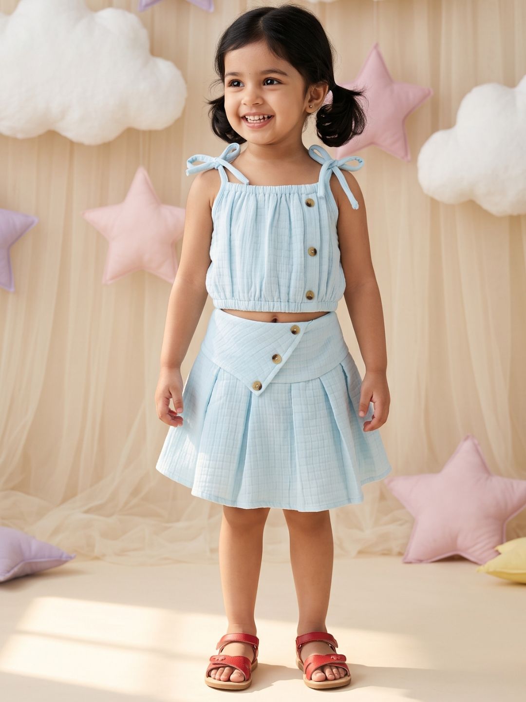 Light Blue Textured Cotton Co-Ords For Girls