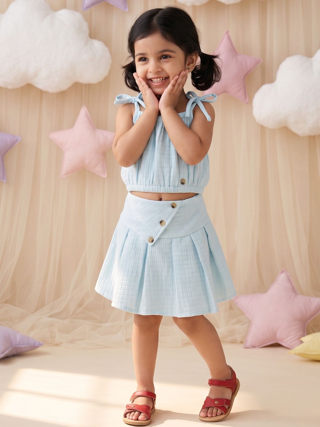 Light Blue Textured Cotton Co-Ords For Girls