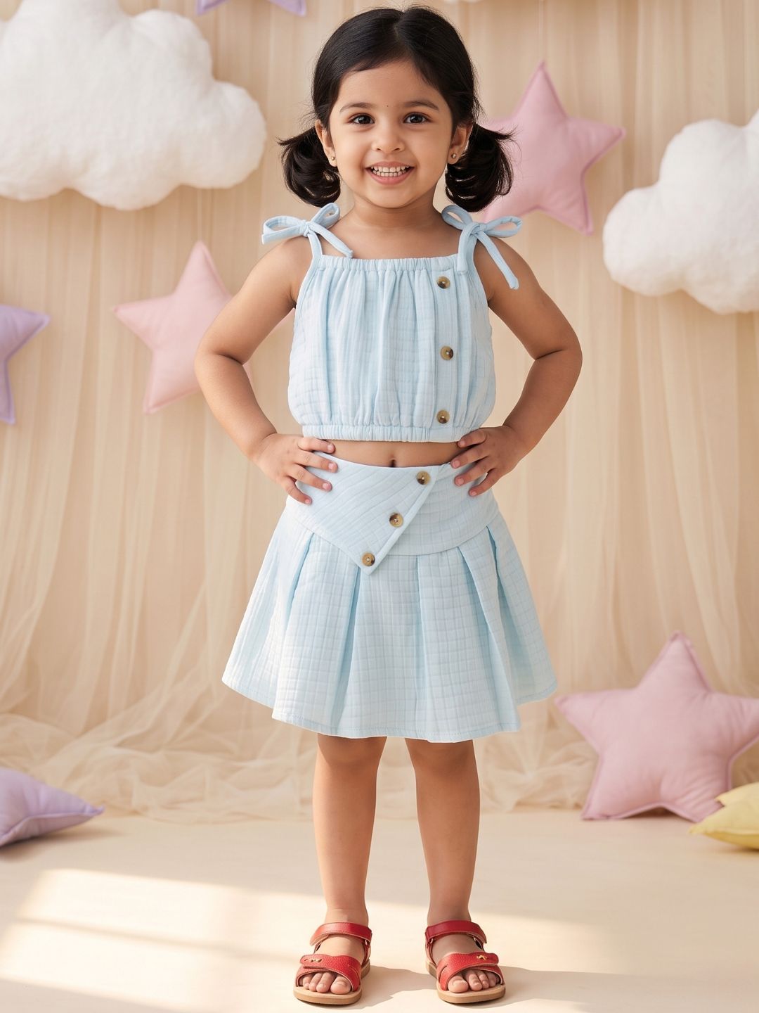 Light Blue Textured Cotton Co-Ords For Girls