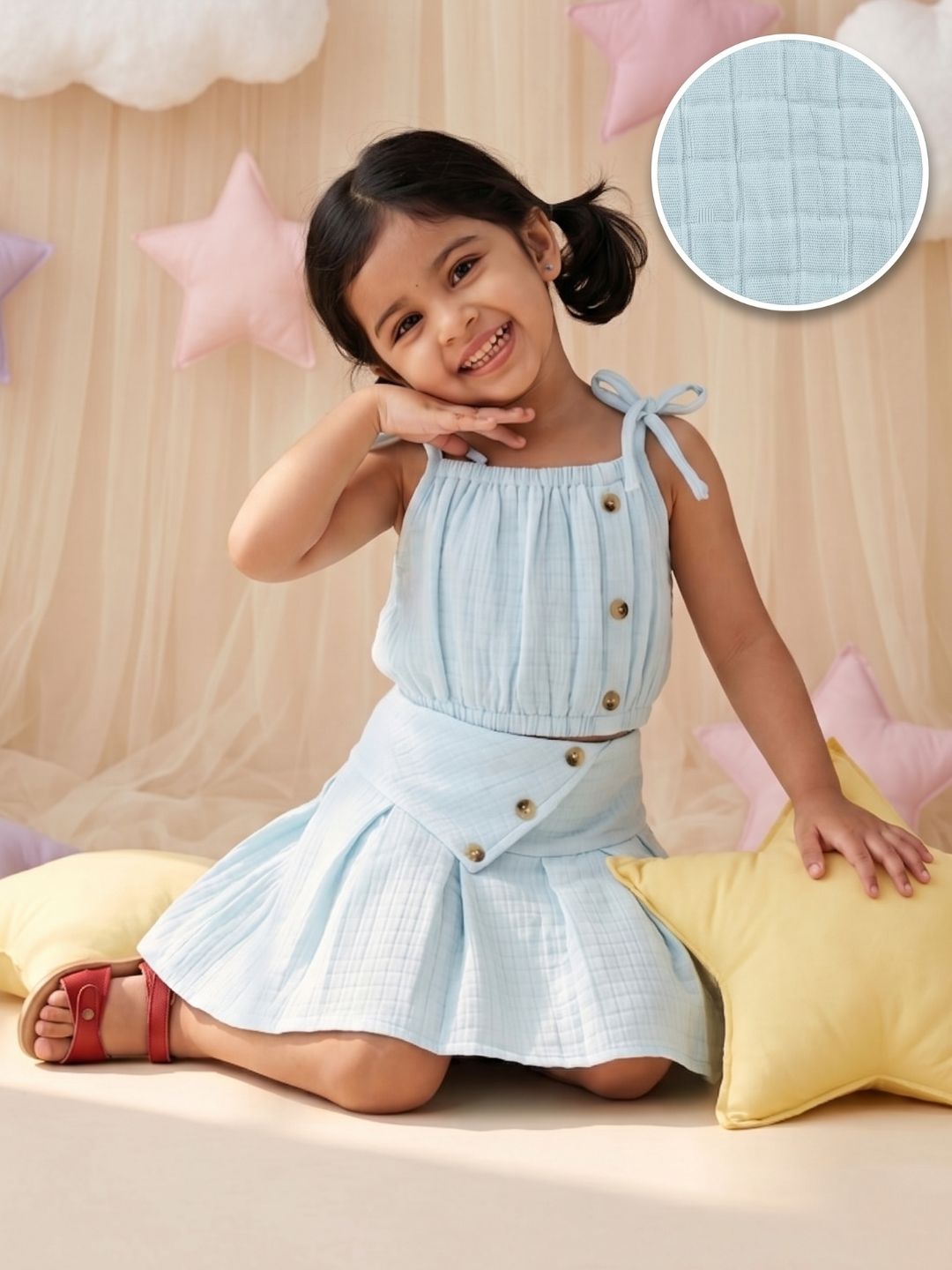 Light Blue Textured Cotton Co-Ords For Girls