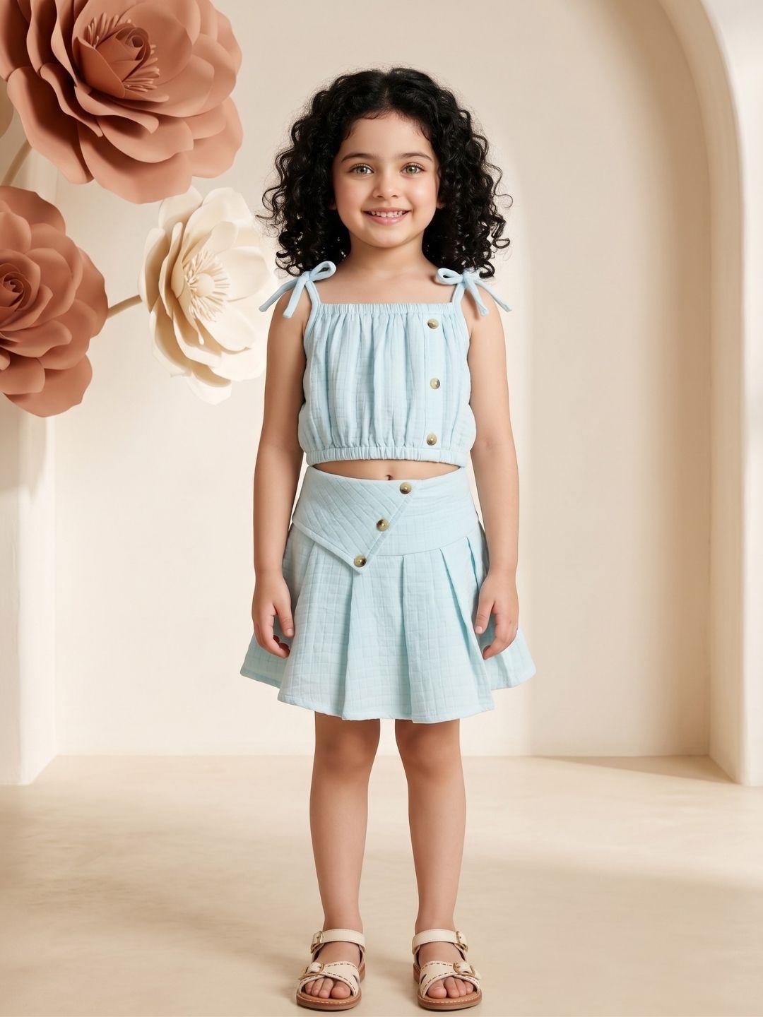 AJ Dezines Light Blue Textured Cotton Co-Ords For Girls