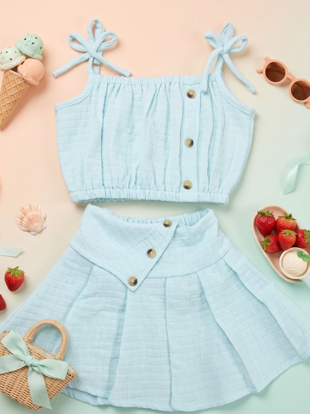 AJ Dezines Light Blue Textured Cotton Co-Ords For Girls