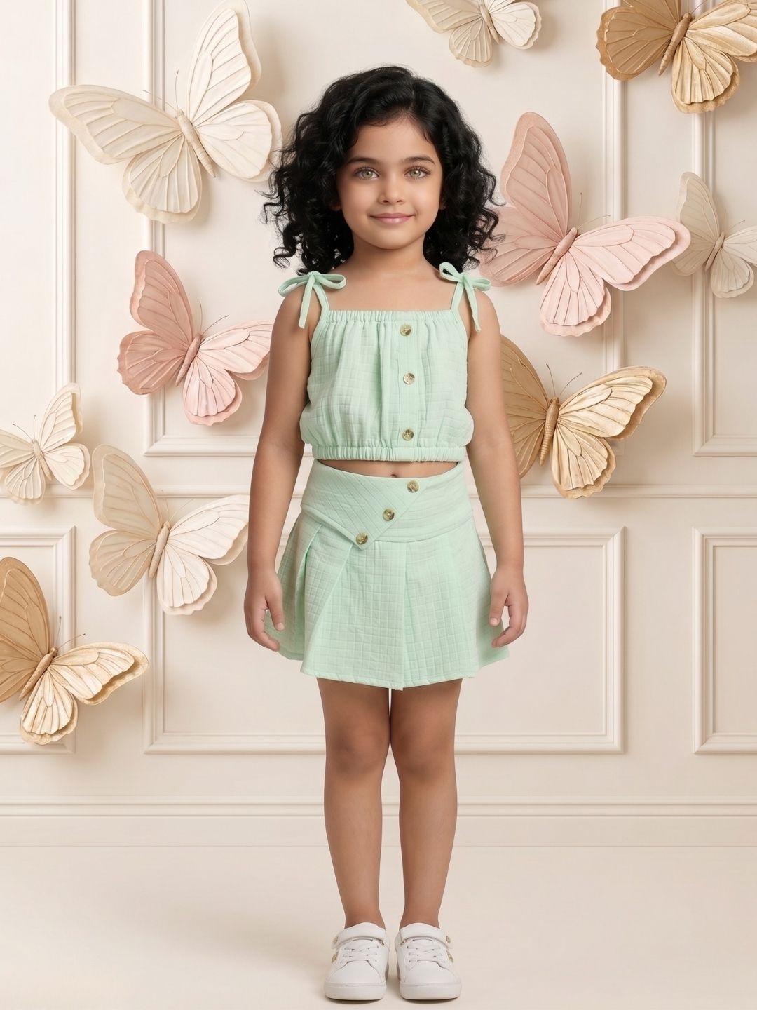 AJ Dezines Green Textured Cotton Co-Ords For Girls