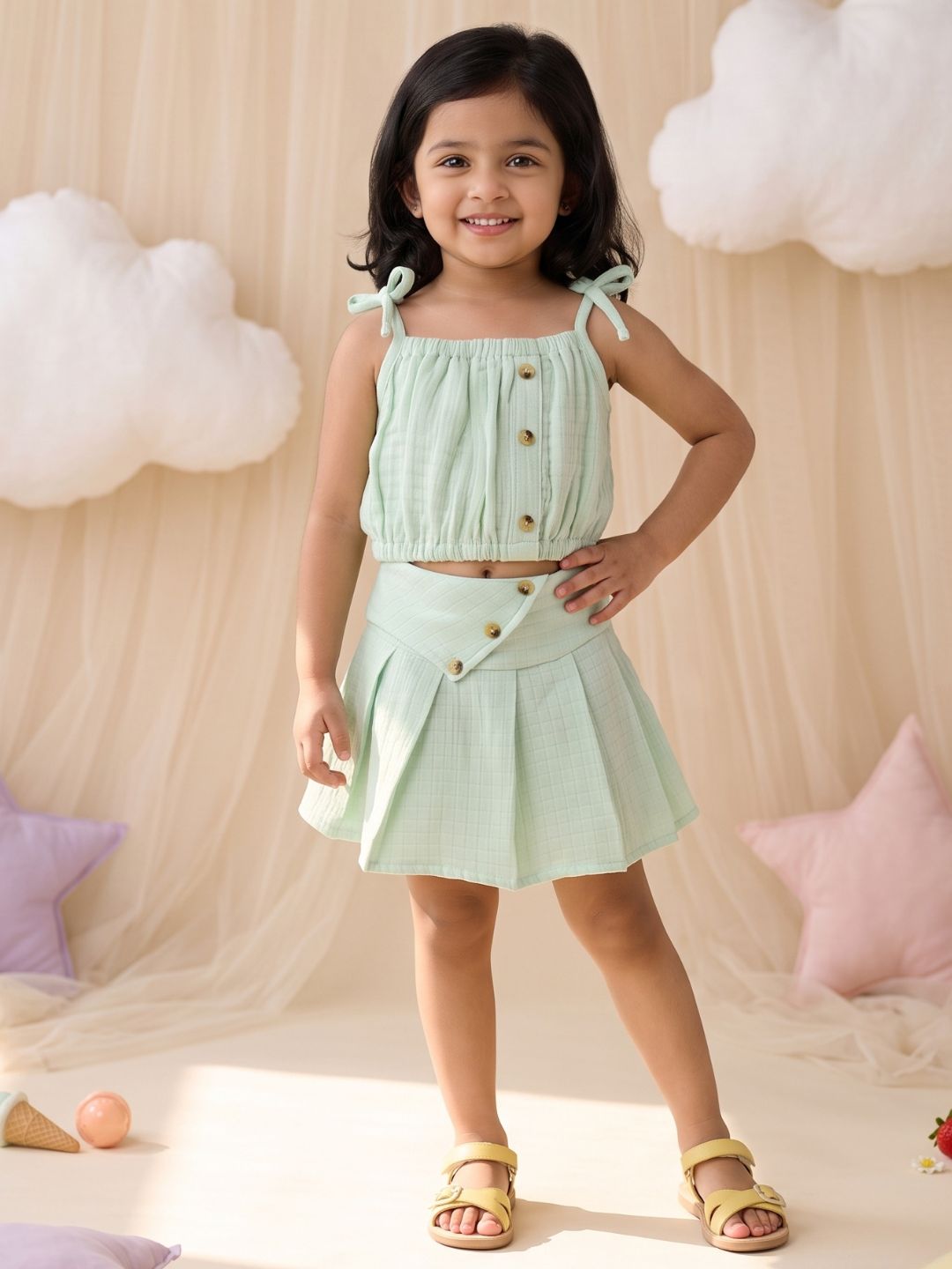 Green Textured Cotton Co-Ords For Girls