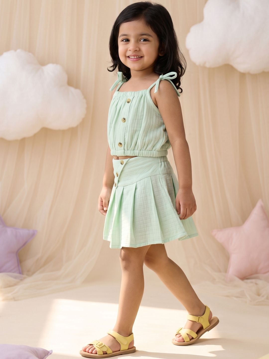 Green Textured Cotton Co-Ords For Girls