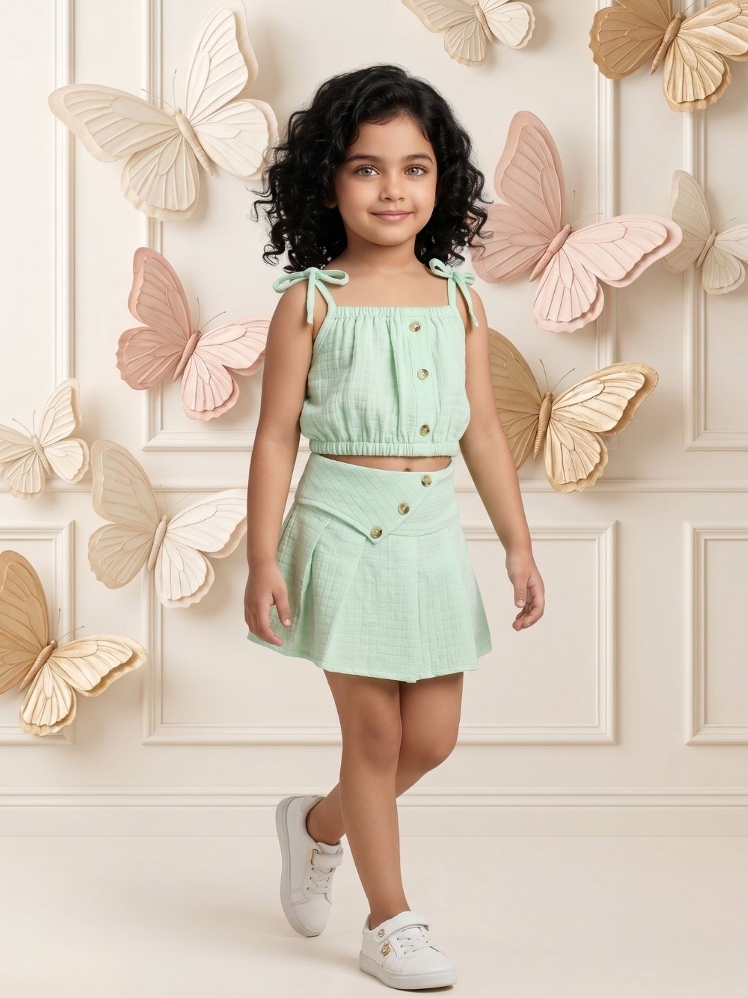 AJ Dezines Green Textured Cotton Co-Ords For Girls