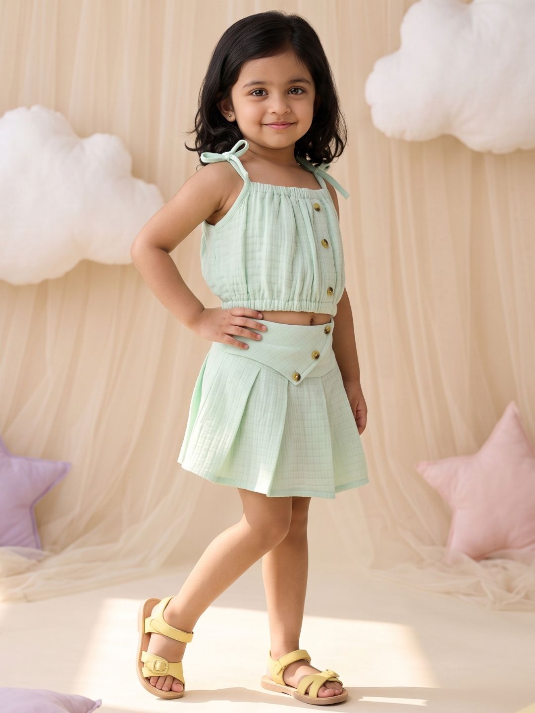 Green Textured Cotton Co-Ords For Girls