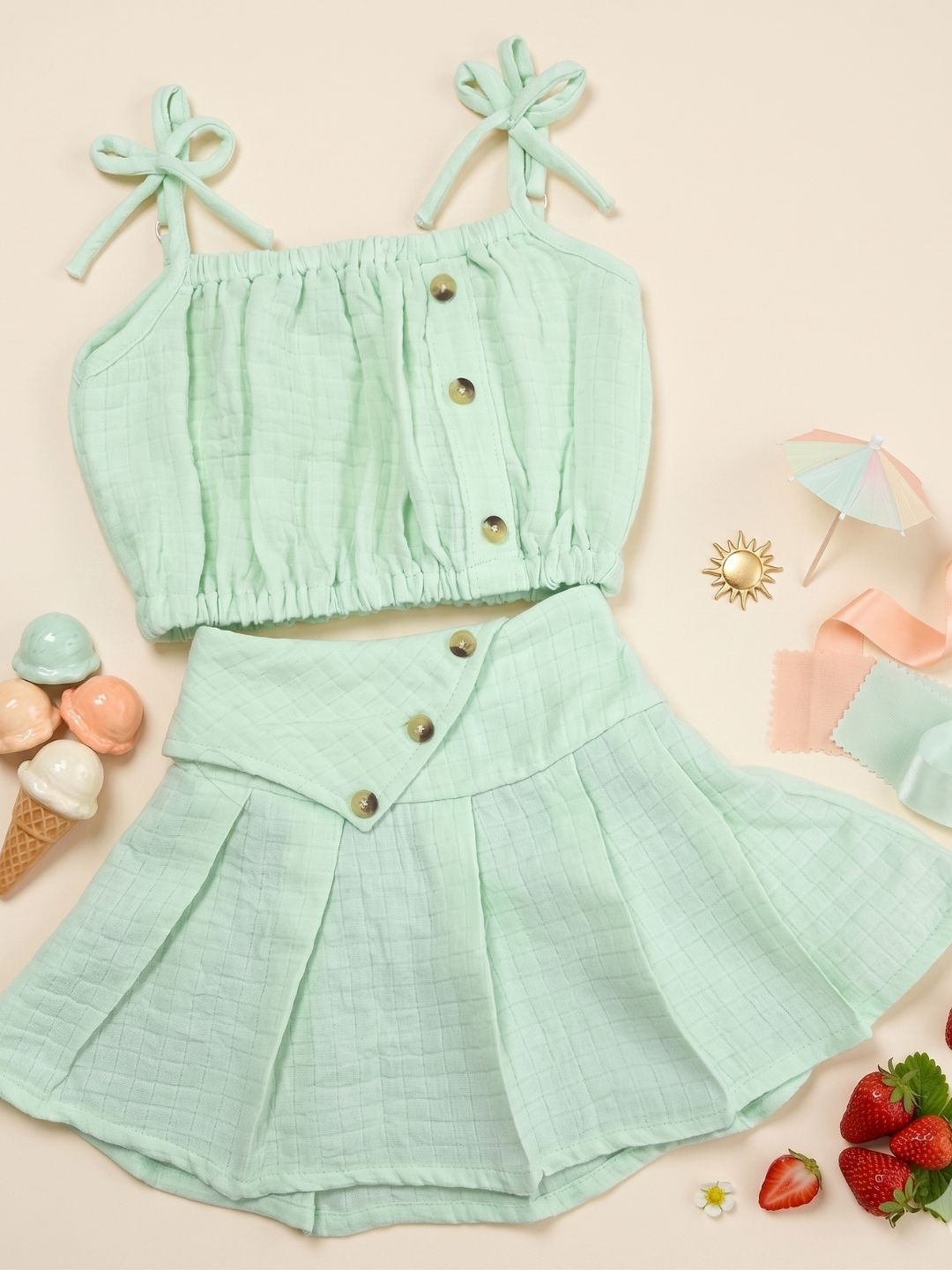 AJ Dezines Green Textured Cotton Co-Ords For Girls