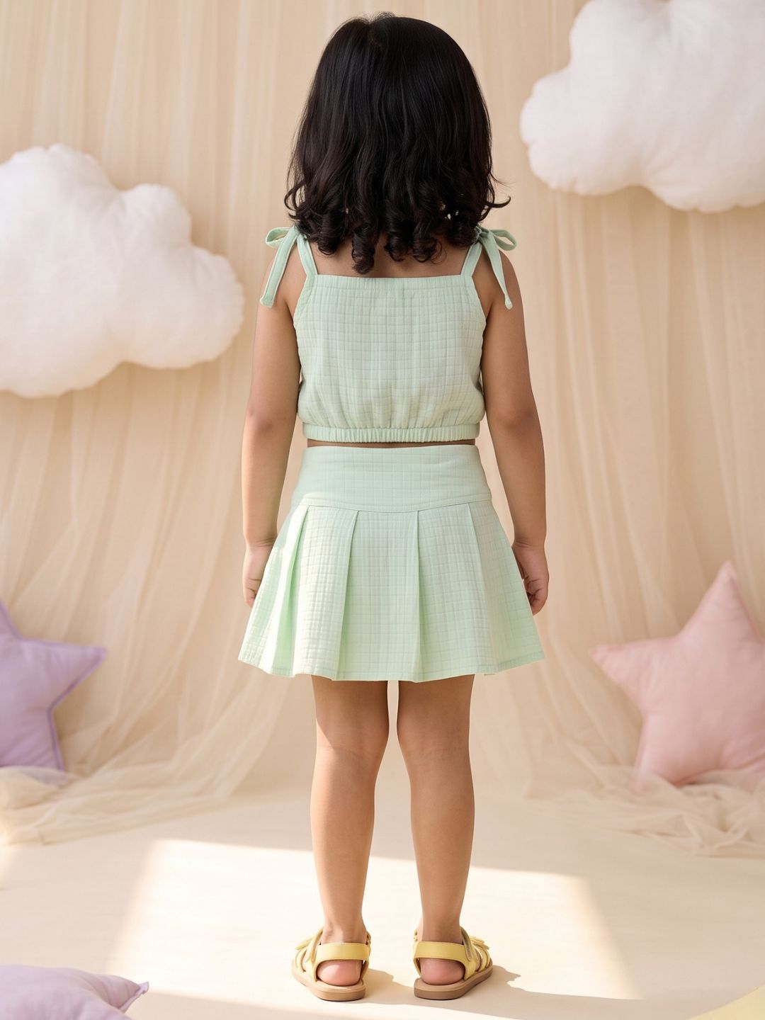 Green Textured Cotton Co-Ords For Girls