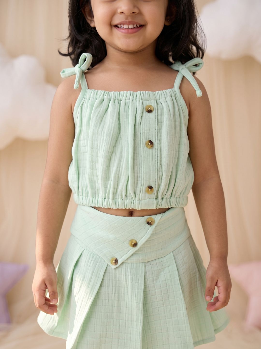 Green Textured Cotton Co-Ords For Girls