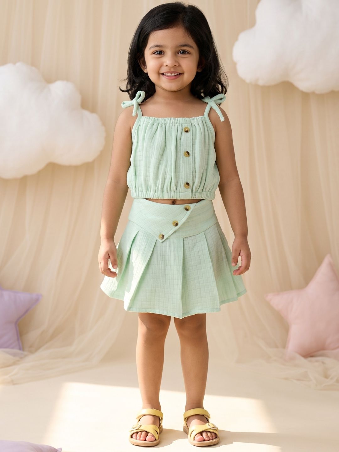 Green Textured Cotton Co-Ords For Girls