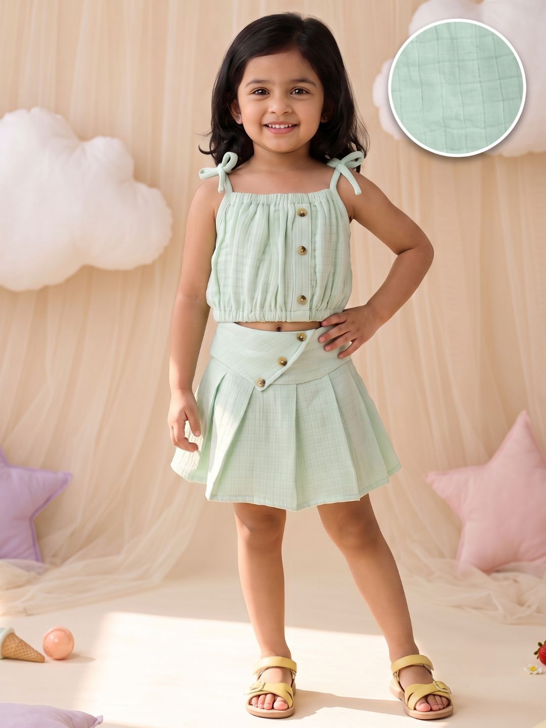 Green Textured Cotton Co-Ords For Girls